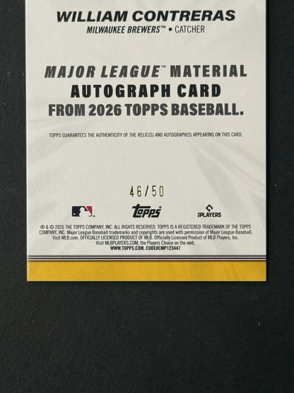 Topps 2026 Series 1 William Contreras Patch Jersey Materials Gold / 50 Brewers