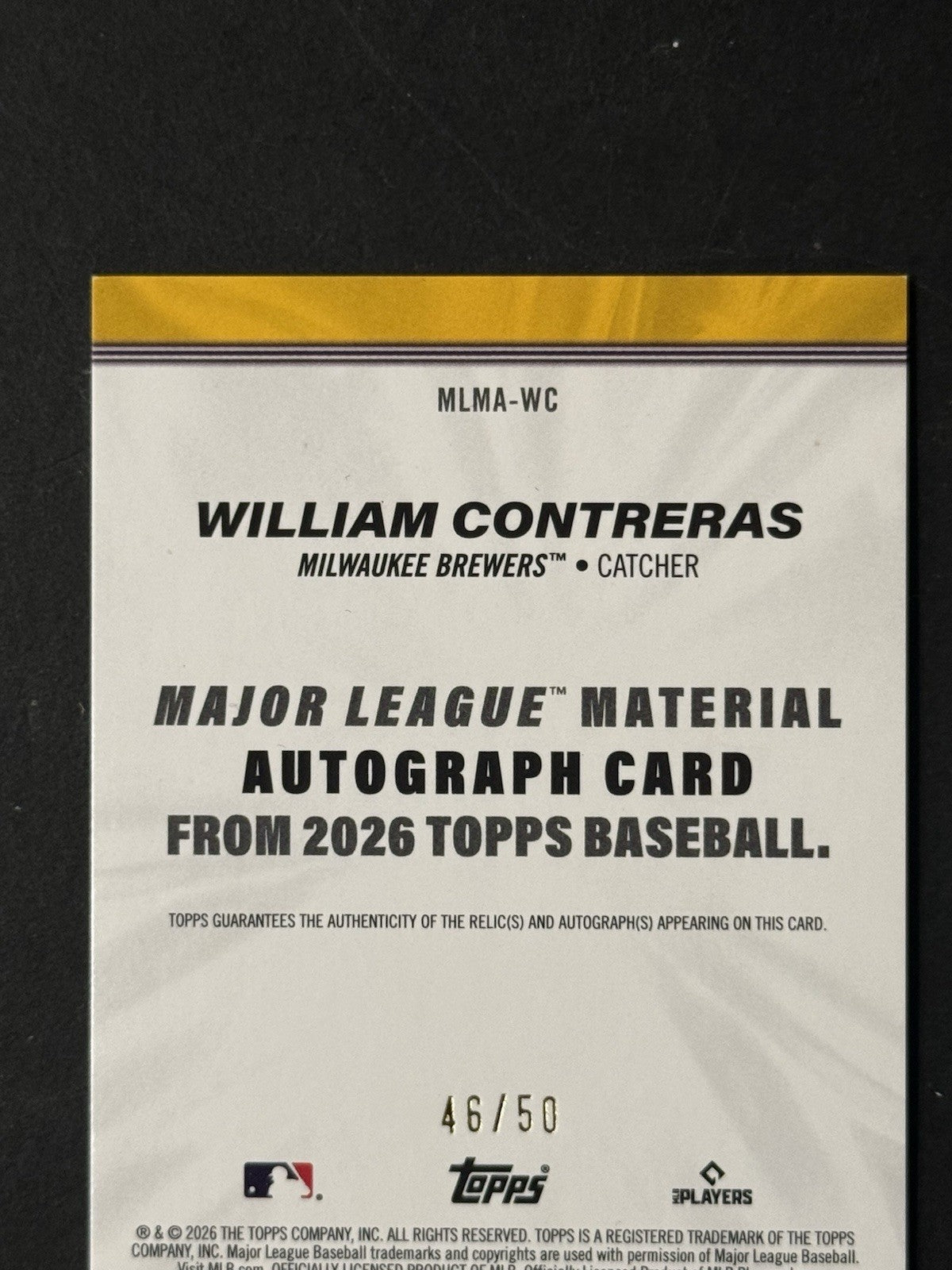 Topps 2026 Series 1 William Contreras Patch Jersey Materials Gold / 50 Brewers