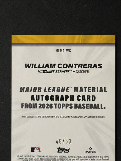 Topps 2026 Series 1 William Contreras Patch Jersey Materials Gold / 50 Brewers