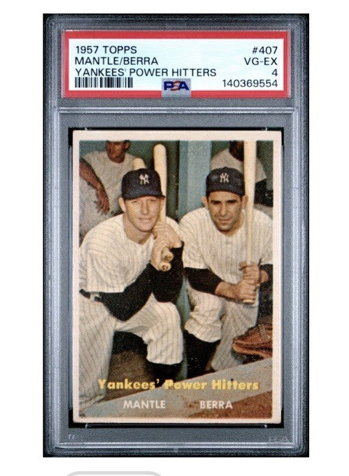 1957 Topps Yankees’ Power Hitters #407 Mickey Mantle & Berra PSA 4 Razor Sharp