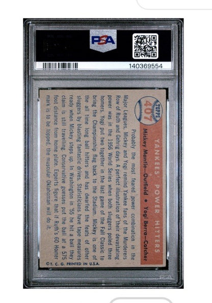 1957 Topps Yankees’ Power Hitters #407 Mickey Mantle & Berra PSA 4 Razor Sharp