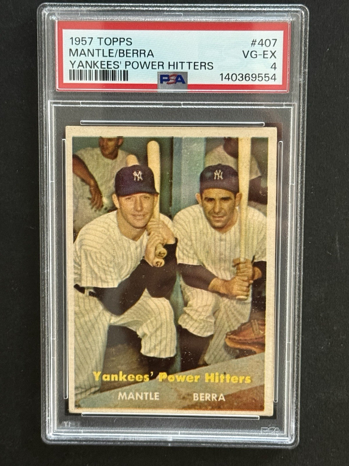 1957 Topps Yankees’ Power Hitters #407 Mickey Mantle & Berra PSA 4 Razor Sharp