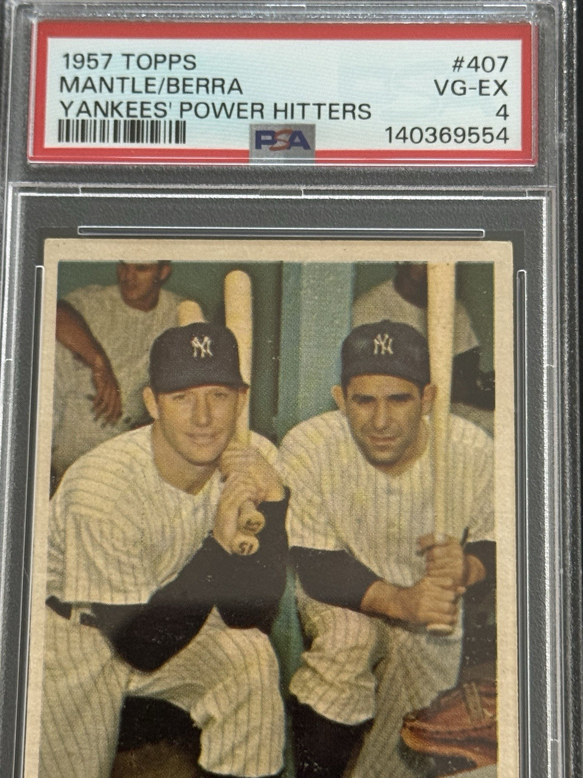 1957 Topps Yankees’ Power Hitters #407 Mickey Mantle & Berra PSA 4 Razor Sharp