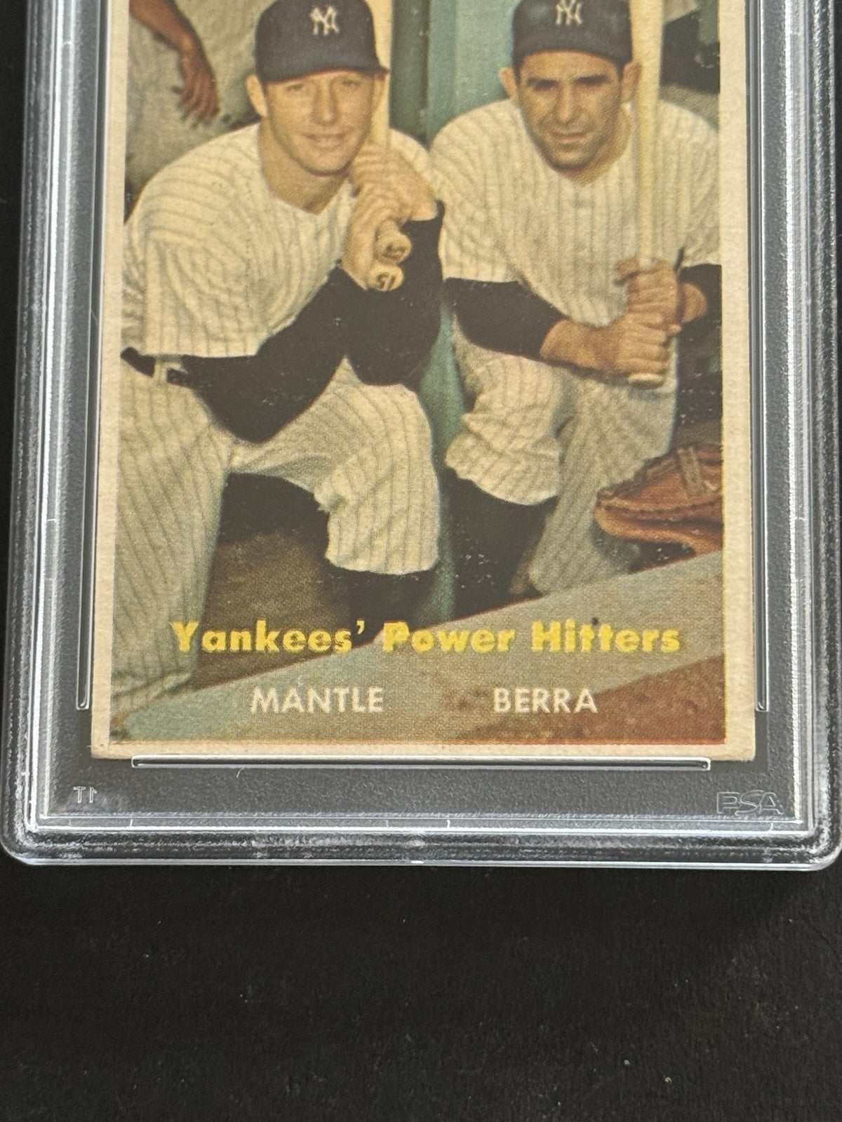 1957 Topps Yankees’ Power Hitters #407 Mickey Mantle & Berra PSA 4 Razor Sharp
