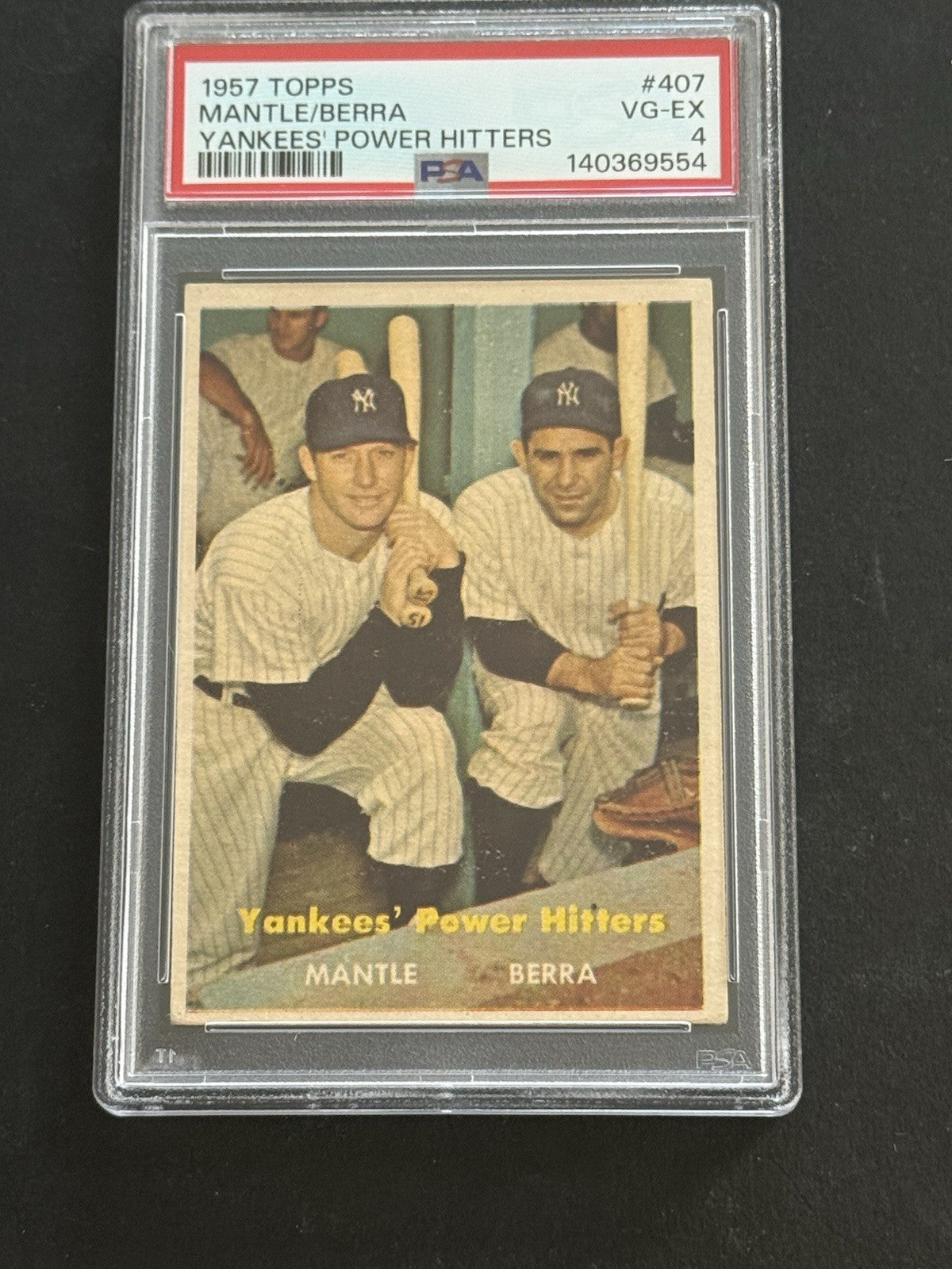 1957 Topps Yankees’ Power Hitters #407 Mickey Mantle & Berra PSA 4 Razor Sharp
