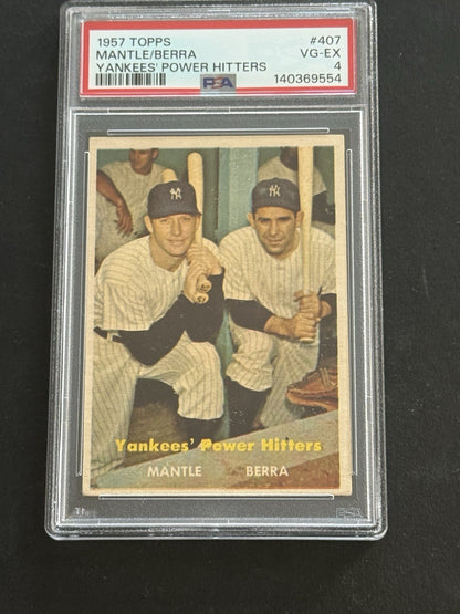 1957 Topps Yankees’ Power Hitters #407 Mickey Mantle & Berra PSA 4 Razor Sharp