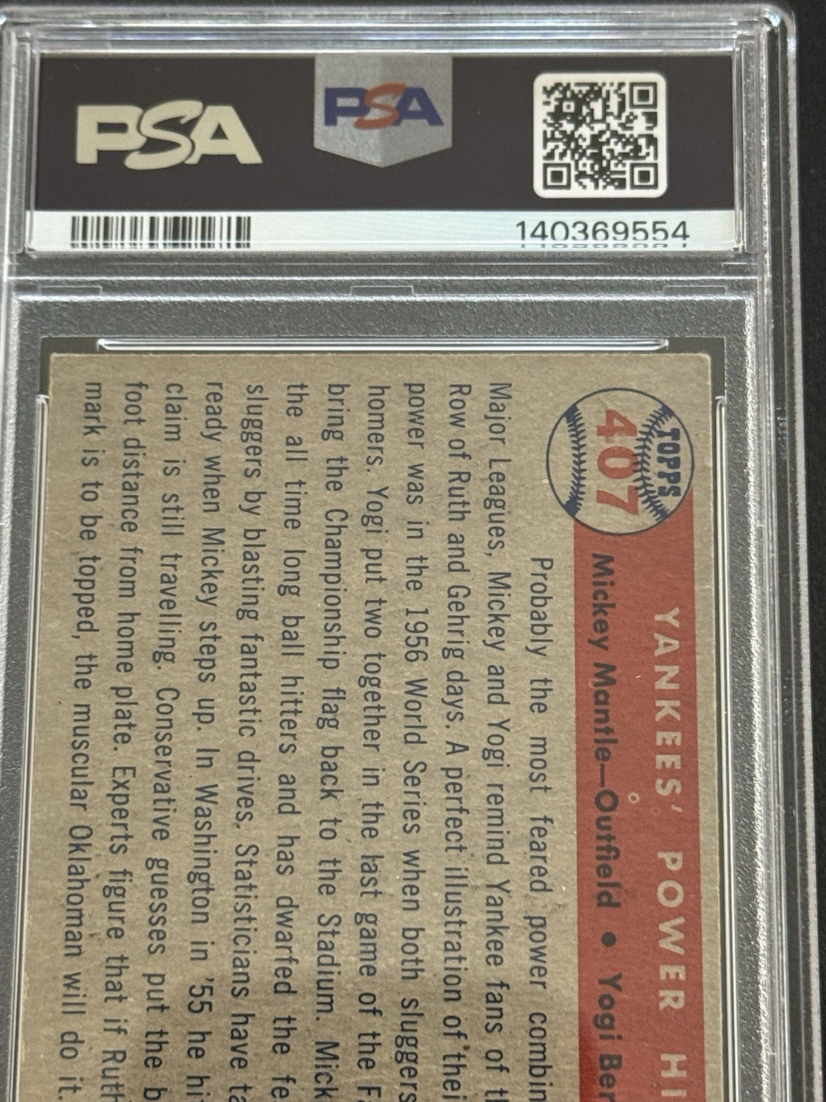 1957 Topps Yankees’ Power Hitters #407 Mickey Mantle & Berra PSA 4 Razor Sharp