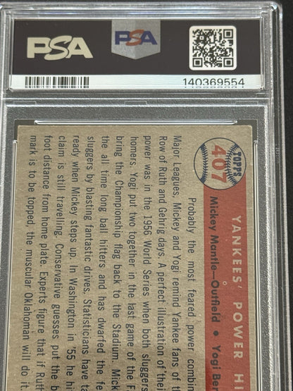 1957 Topps Yankees’ Power Hitters #407 Mickey Mantle & Berra PSA 4 Razor Sharp