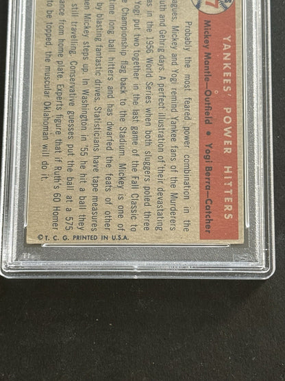 1957 Topps Yankees’ Power Hitters #407 Mickey Mantle & Berra PSA 4 Razor Sharp