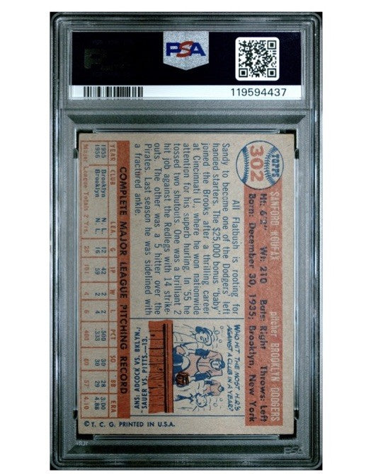 SANDY KOUFAX 1957 TOPPS #302 PSA 3.5 FRESHLY GRADED GORGEOUS CLEAN HOF DODGERS
