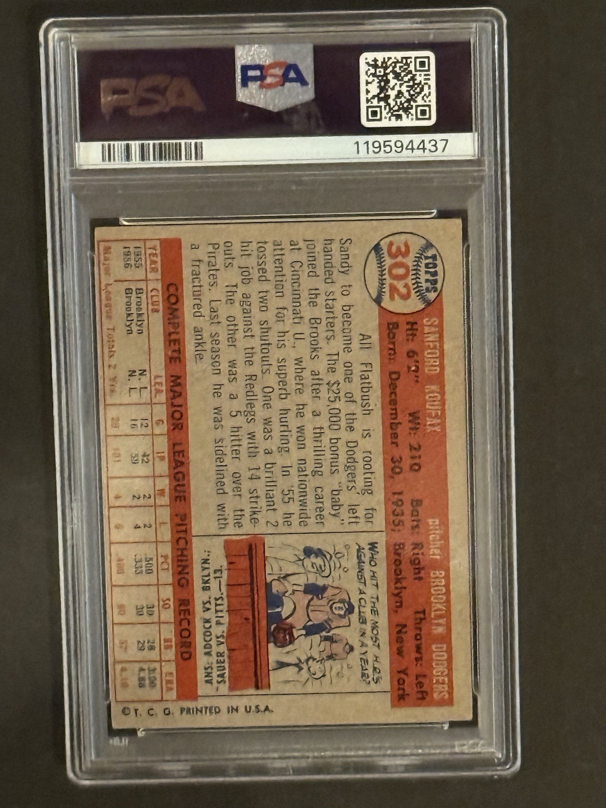 SANDY KOUFAX 1957 TOPPS #302 PSA 3.5 FRESHLY GRADED GORGEOUS CLEAN HOF DODGERS