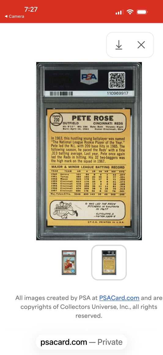 1968 Topps #230 Pete Rose Auto PSA Authentic DNA 10 Cincinnati Reds Signed