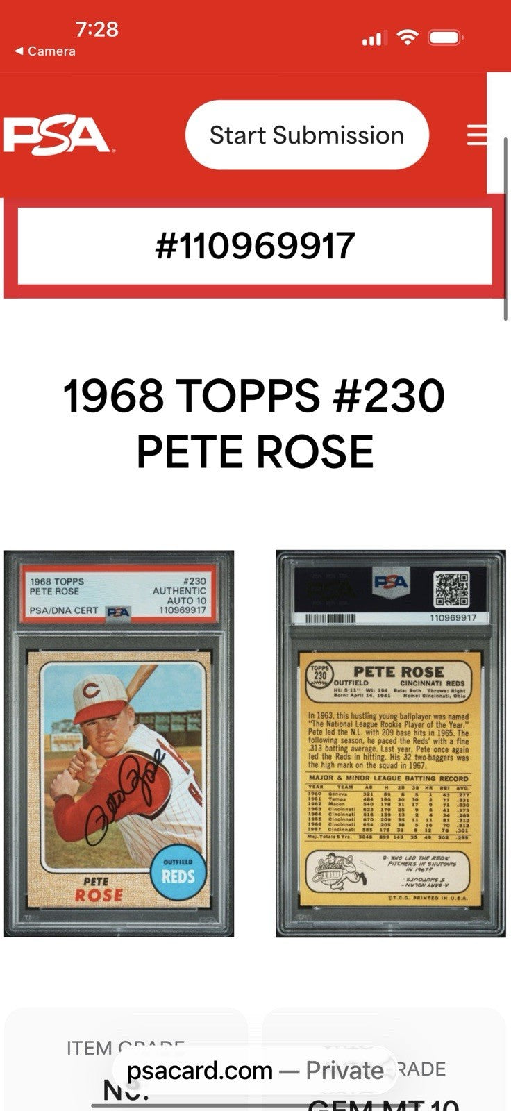1968 Topps #230 Pete Rose Auto PSA Authentic DNA 10 Cincinnati Reds Signed