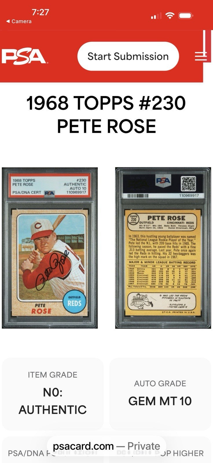1968 Topps #230 Pete Rose Auto PSA Authentic DNA 10 Cincinnati Reds Signed