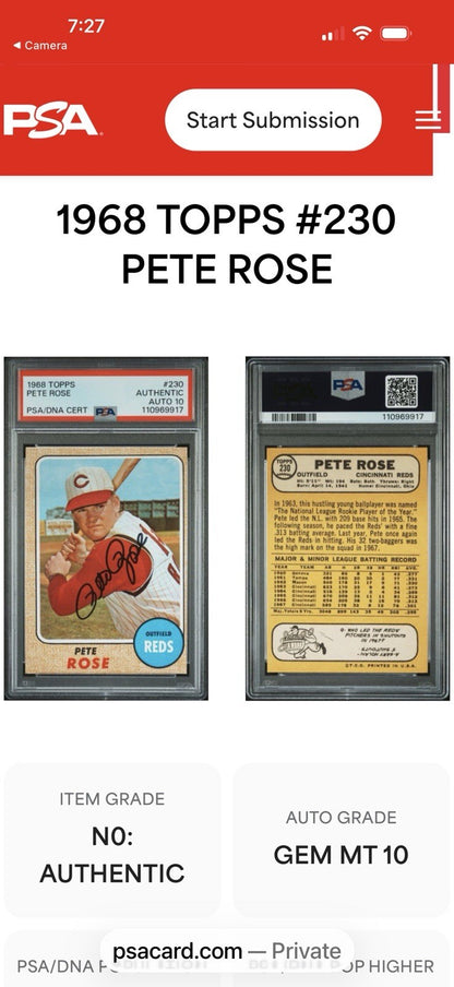 1968 Topps #230 Pete Rose Auto PSA Authentic DNA 10 Cincinnati Reds Signed