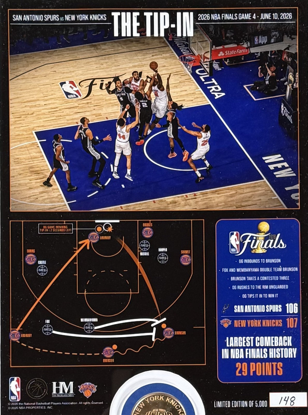 OG Anunoby Tip 2026 NBA Finals Knicks Photo Framed Drawn Play Highland Mint Coin