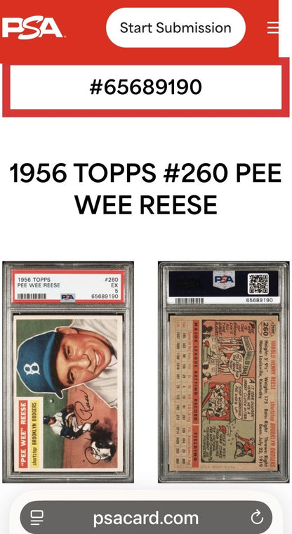 1956 Topps  #260 Pee Wee Reese PSA 5 EX Centered High End Brooklyn Dodgers