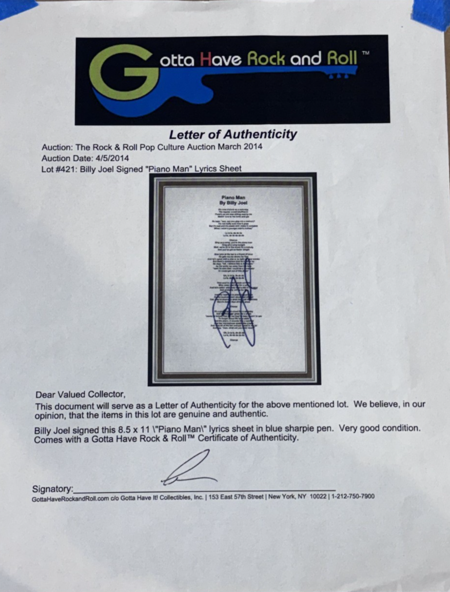 Billy Joel Piano Man Signed Lyrics Sheet 3D Shadowbox Auto Gotta Have It COA