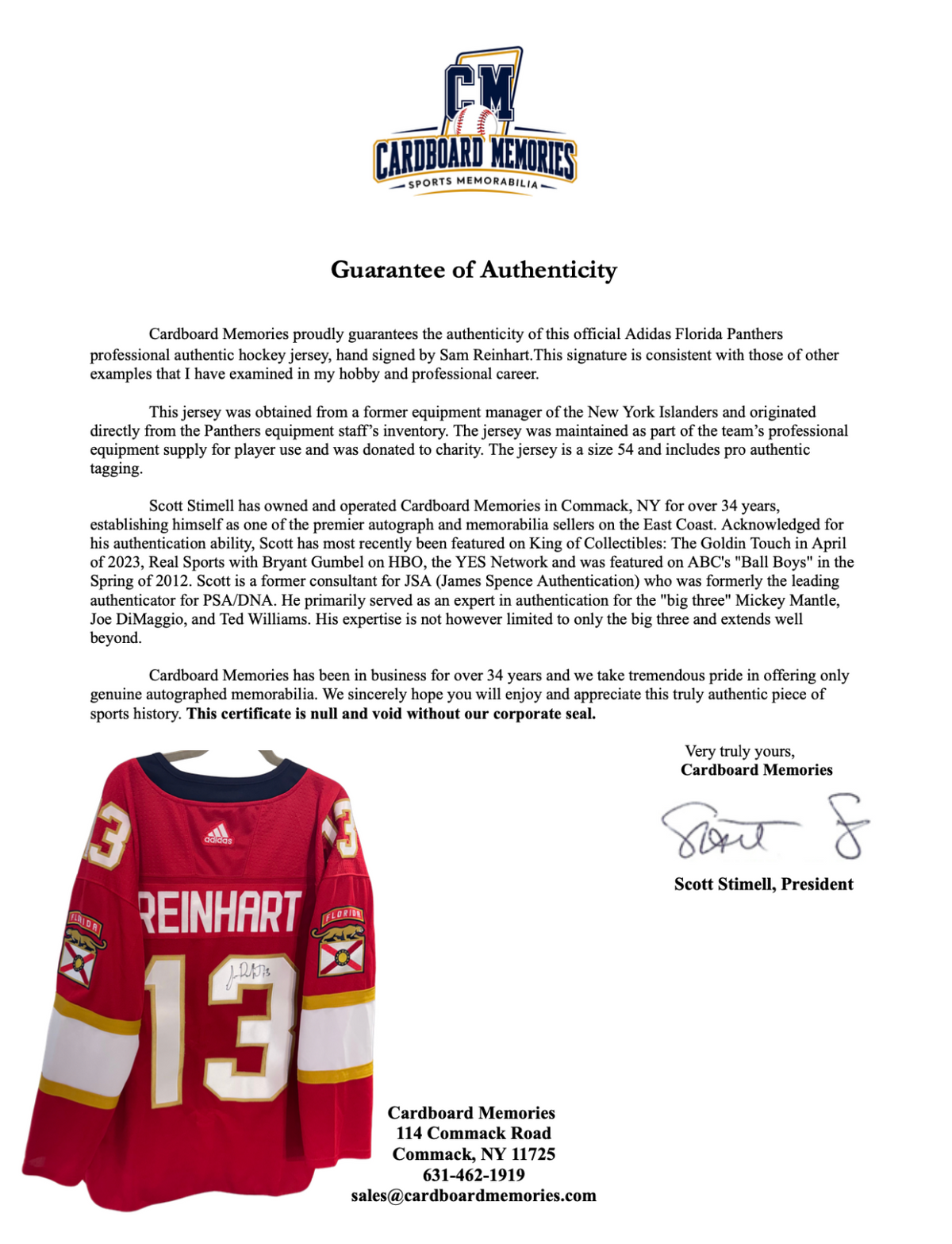 Sam Reinhart Signed Florida Panthers Adidas Authentic Jersey Auto COA Size 54