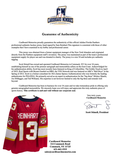 Sam Reinhart Signed Florida Panthers Adidas Authentic Jersey Auto COA Size 54