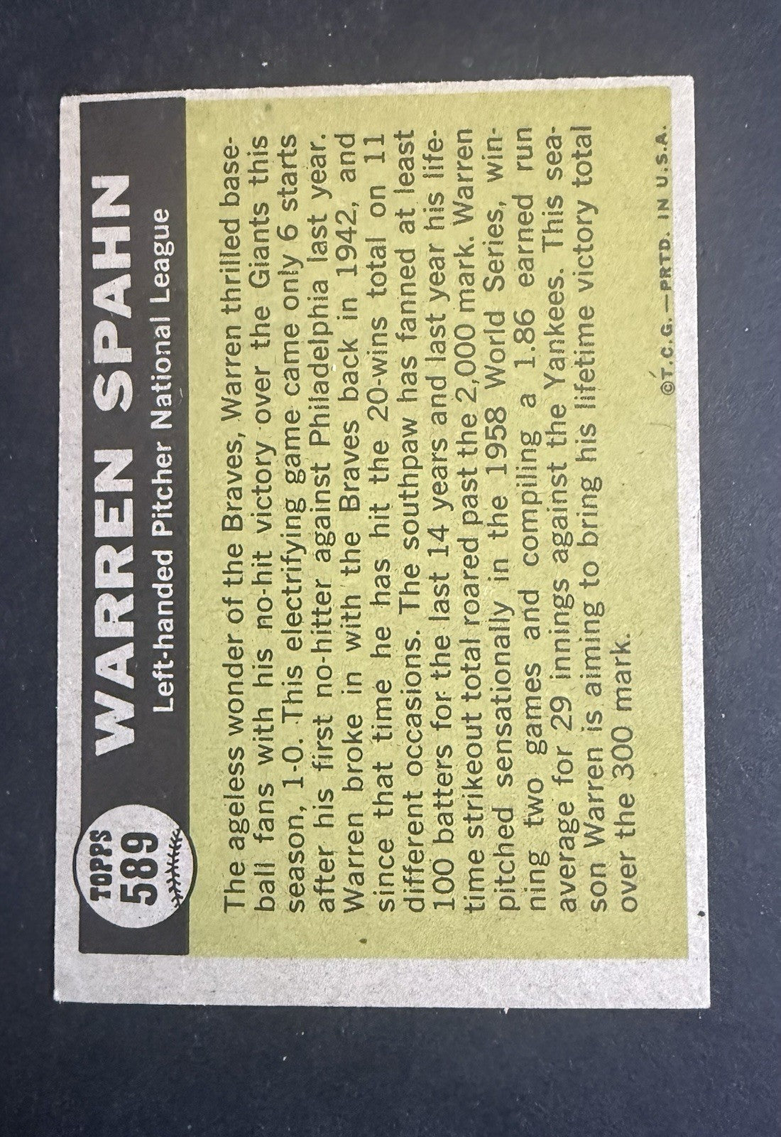 Topps 1961 Topps #589 Warren Spahn High # All-Star Milwaukee Braves Card HOF