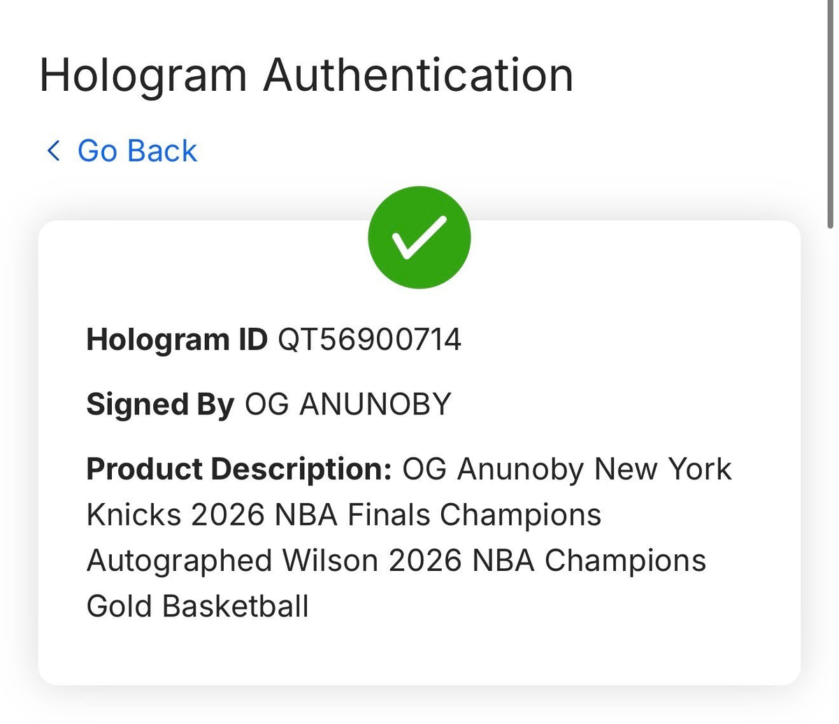 OG Anunoby Knicks Signed Wilson 2026 NBA Champions Gold Basketball Auto Fanatics