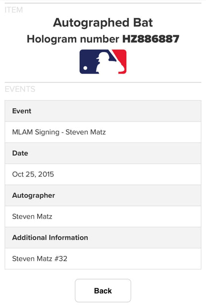 Steven Matz Signed Rawlings 33.5 Inch Pro Model Baseball Bat Rays Auto MLB COA