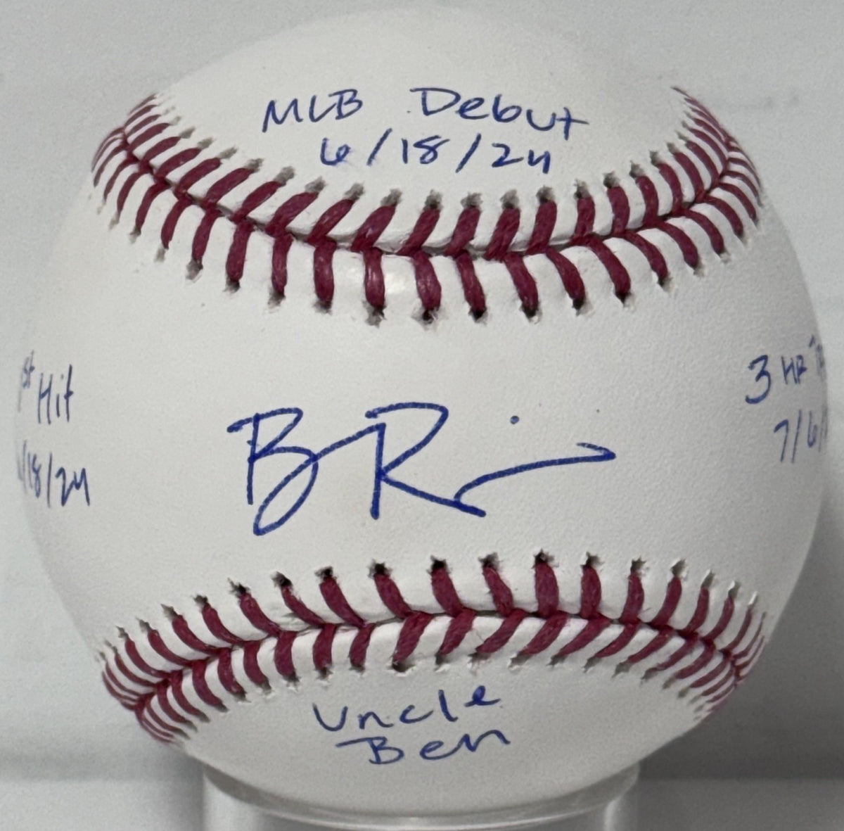 Ben Rice Signed Baseball 4 Stat Auto CX COA MLB Debut 1st Hit Uncle Ben Yankees