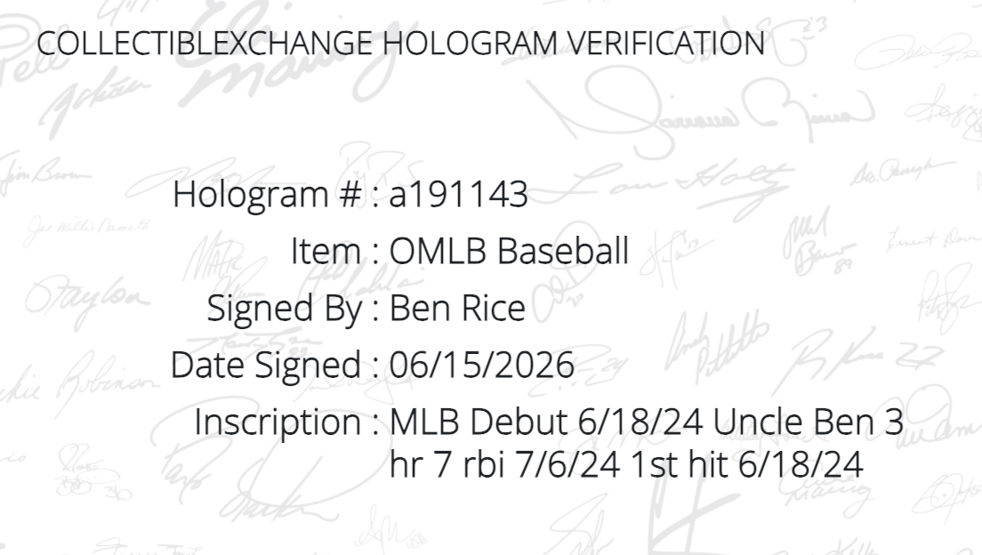 Ben Rice Signed Baseball 4 Stat Auto CX COA MLB Debut 1st Hit Uncle Ben Yankees