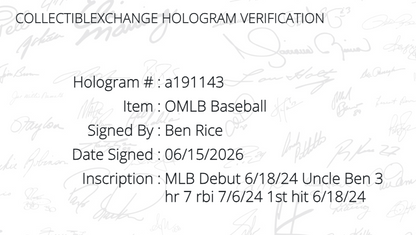 Ben Rice Signed Baseball 4 Stat Auto CX COA MLB Debut 1st Hit Uncle Ben Yankees