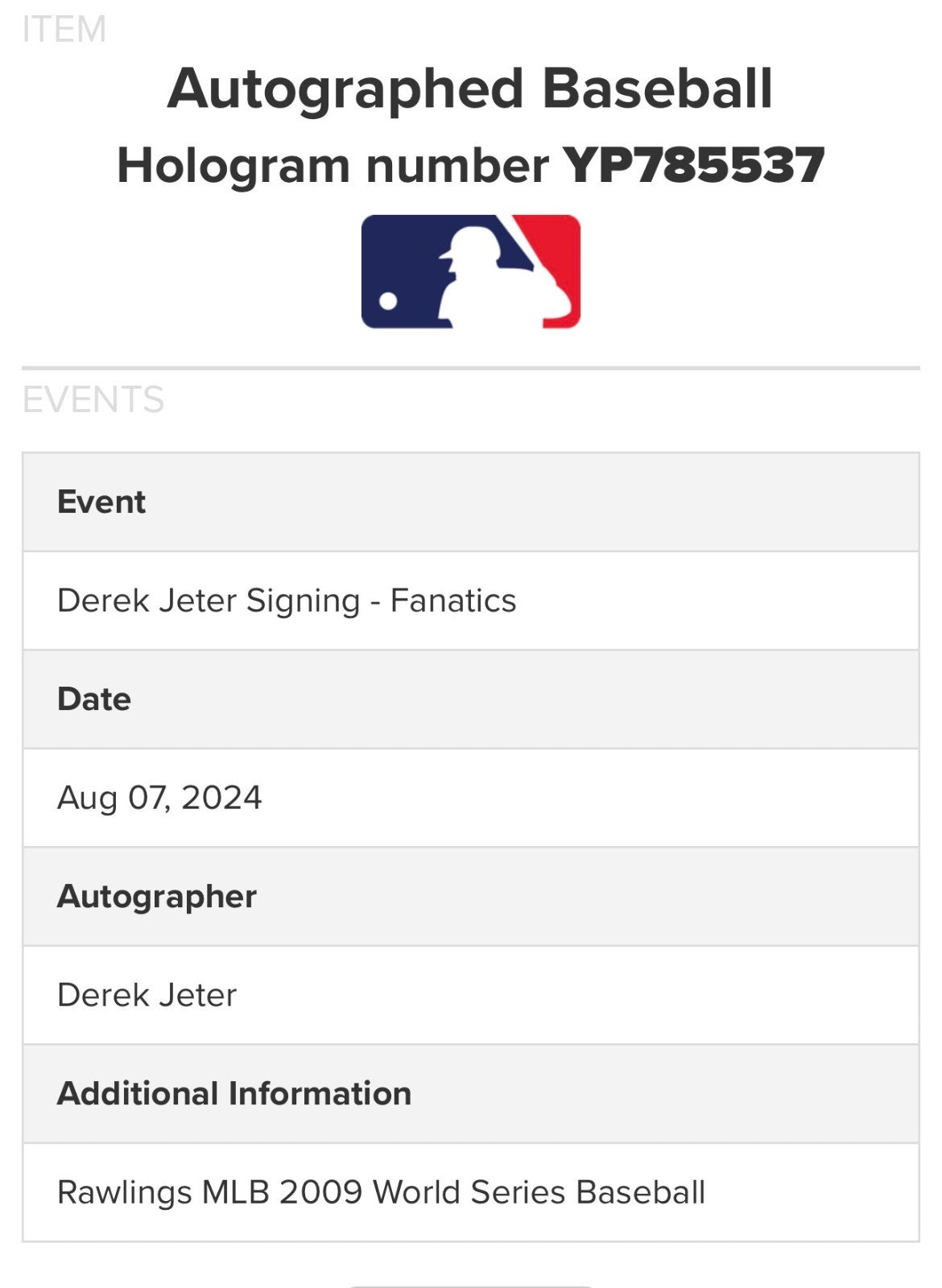 Derek Jeter Signed Official 2009 World Series Baseball Auto Fanatics MLB COA NYY