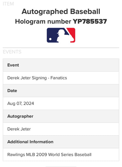 Derek Jeter Signed Official 2009 World Series Baseball Auto Fanatics MLB COA NYY