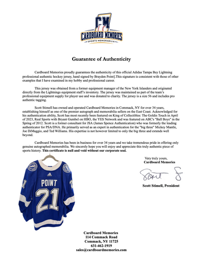 Brayden Point Signed #21 TB Lightning Adidas Authentic Jersey Auto COA Size 56