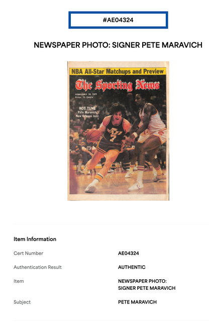 Pete Maravich Signed Sporting News Paper Framed Pistol Pete Auto PSA Jazz HOF
