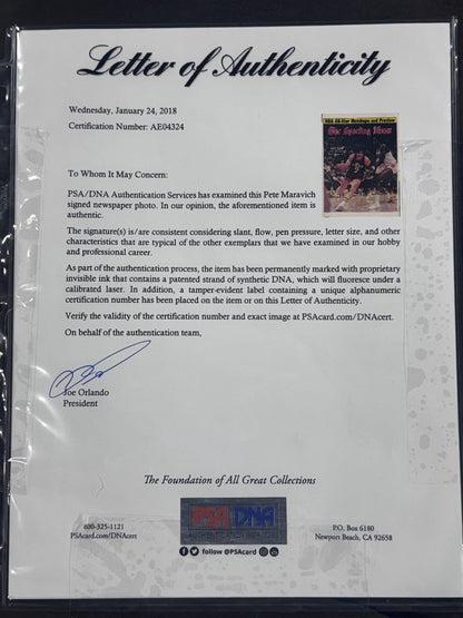 Pete Maravich Signed Sporting News Paper Framed Pistol Pete Auto PSA Jazz HOF