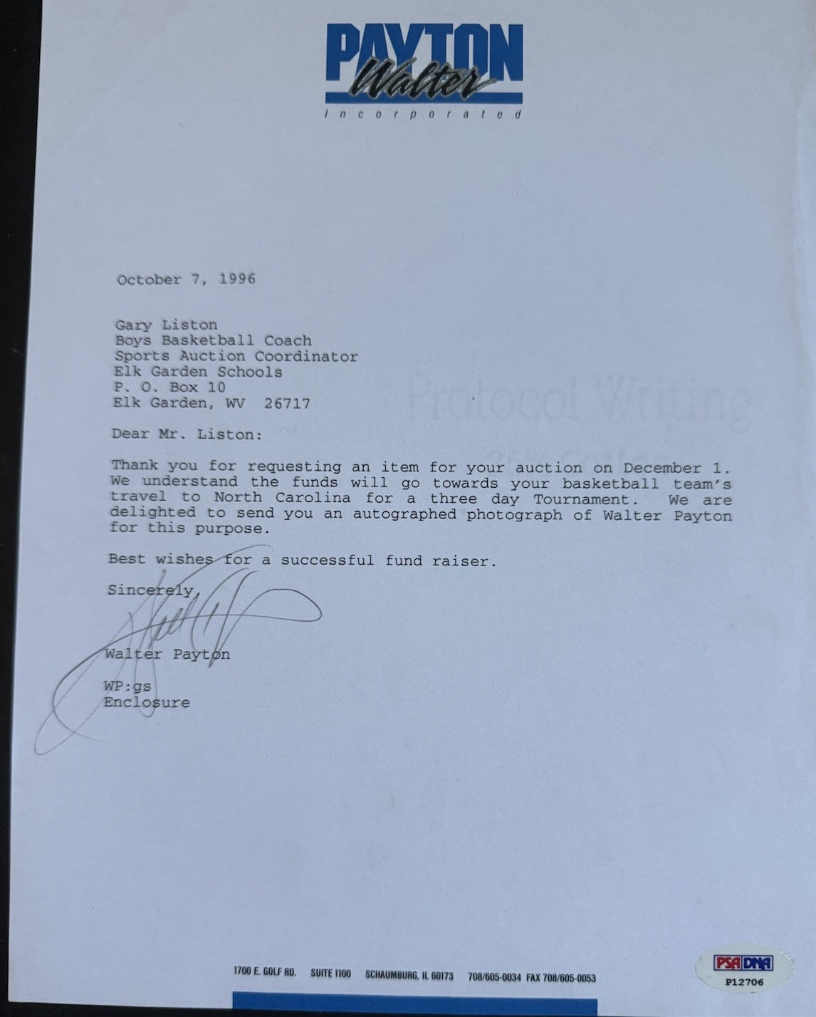WALTER PAYTON SIGNED 8X10 Official Letter Chicago Bears HOF Auto Psa Loa
