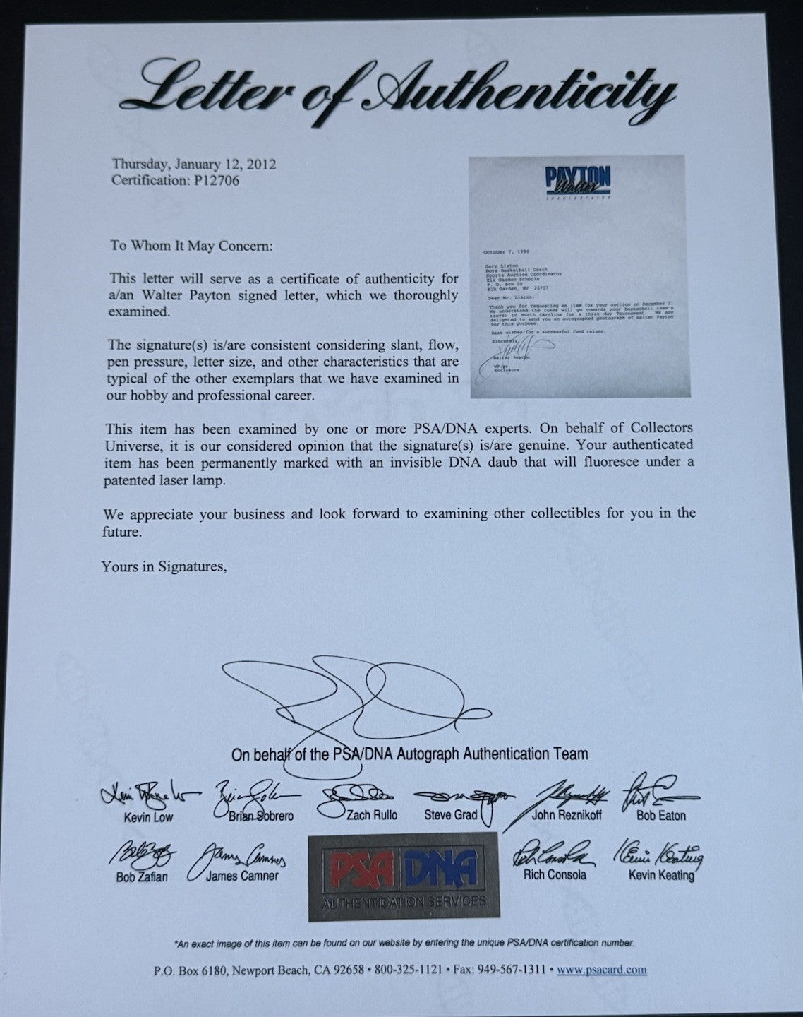 WALTER PAYTON SIGNED 8X10 Official Letter Chicago Bears HOF Auto Psa Loa