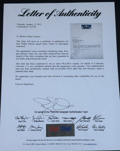 WALTER PAYTON SIGNED 8X10 Official Letter Chicago Bears HOF Auto Psa Loa