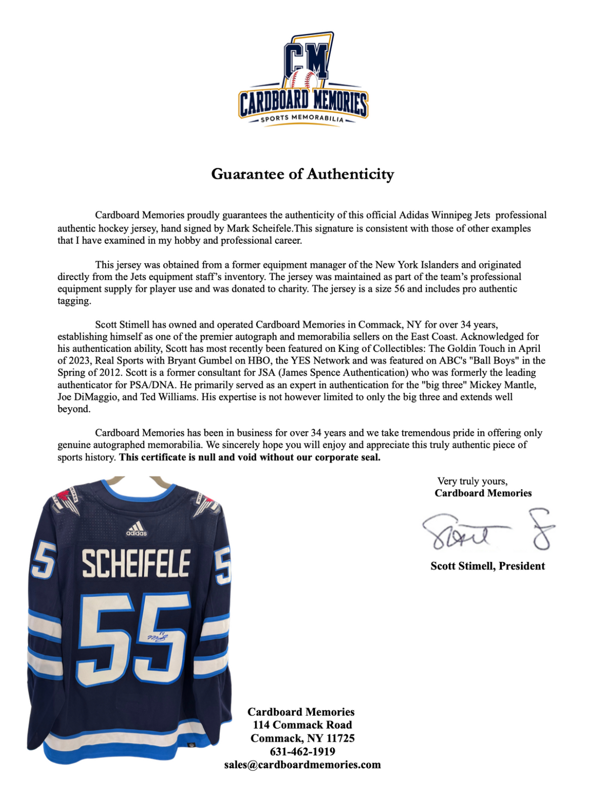 Mark Scheifele Signed Winnepeg Jets Adidas Authentic Jersey Auto COA Size 56
