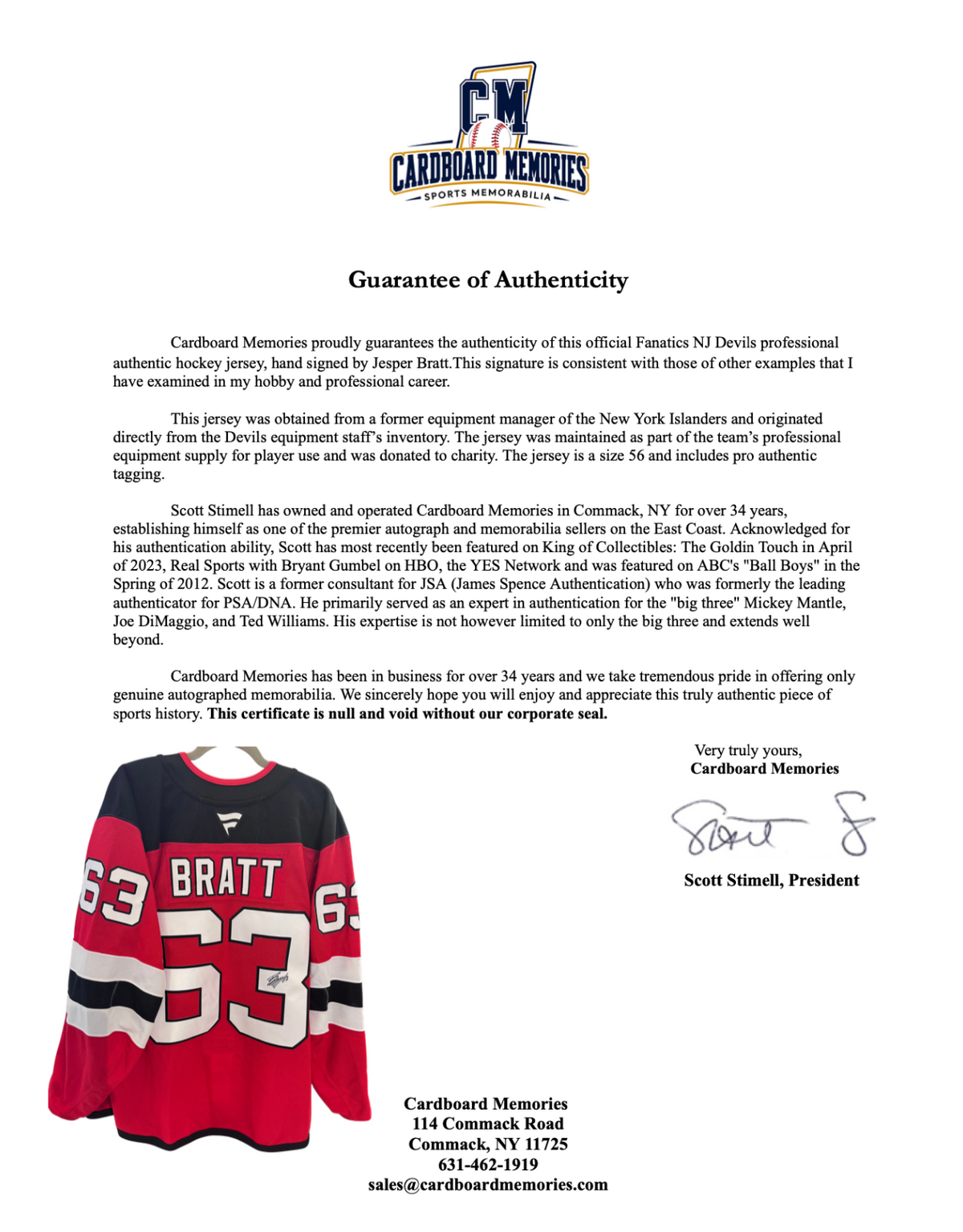Jesper Bratt Signed NJ Devils Fanatics Authentic Pro Jersey Auto COA Size 56