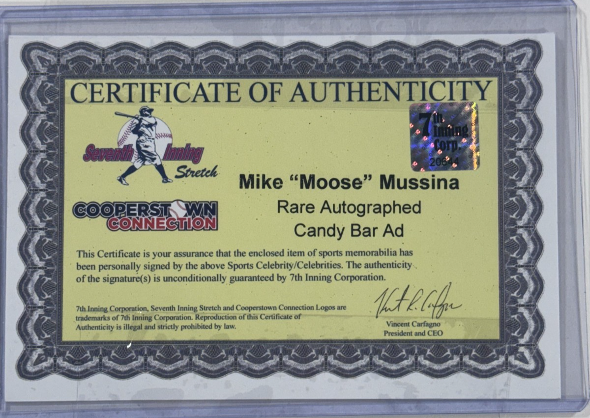 Mike Mussina Signed Candy Bar Ad Framed Moose Auto 7th Inn Corp COA Yankees HOF