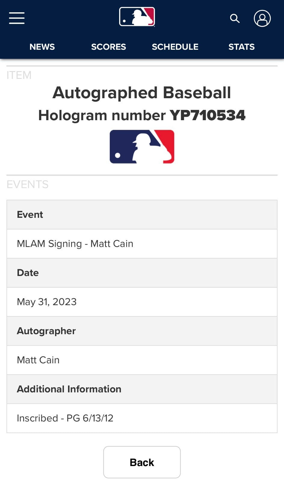 Matt Cain SIGNED Official Baseball Pg 6/13/12 Auto Perfect Game Giants MLB Holo
