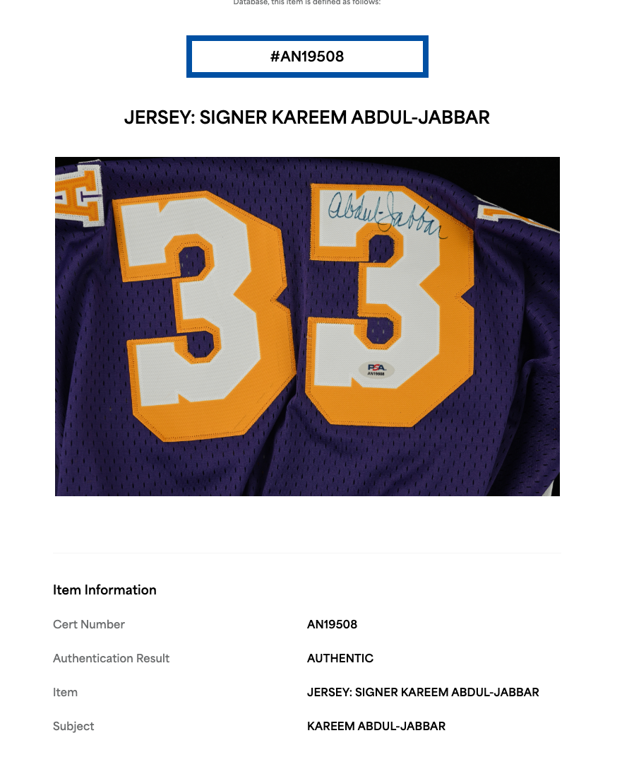 Kareem Abdul Jabbar Signed Adidas 1979 Jersey Auto PSA COA LA Lakers HOF