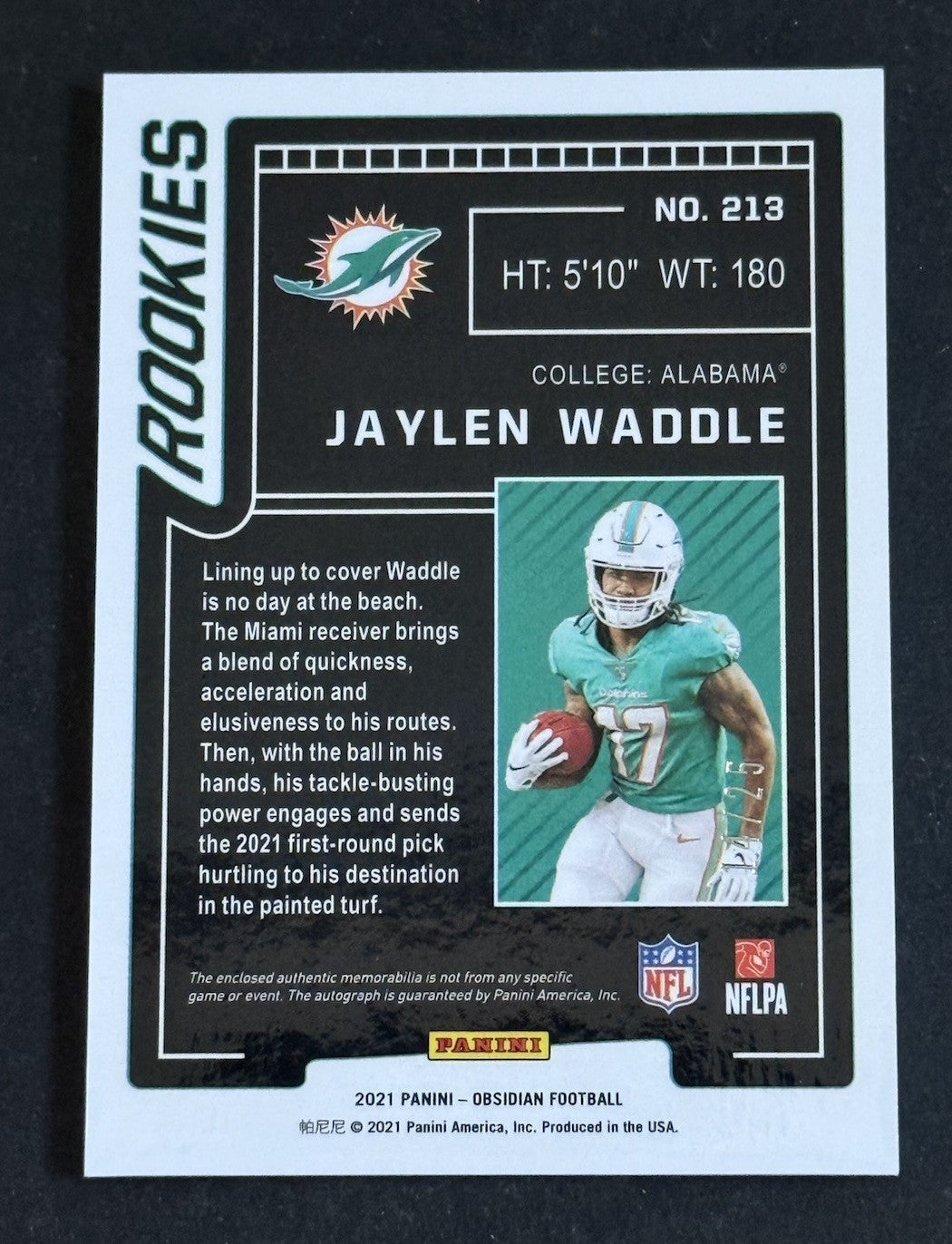 2021 Panini Obsidian Rookie Jersey Auto Jaylen Waddle Electric Etch /25 RPA Mint