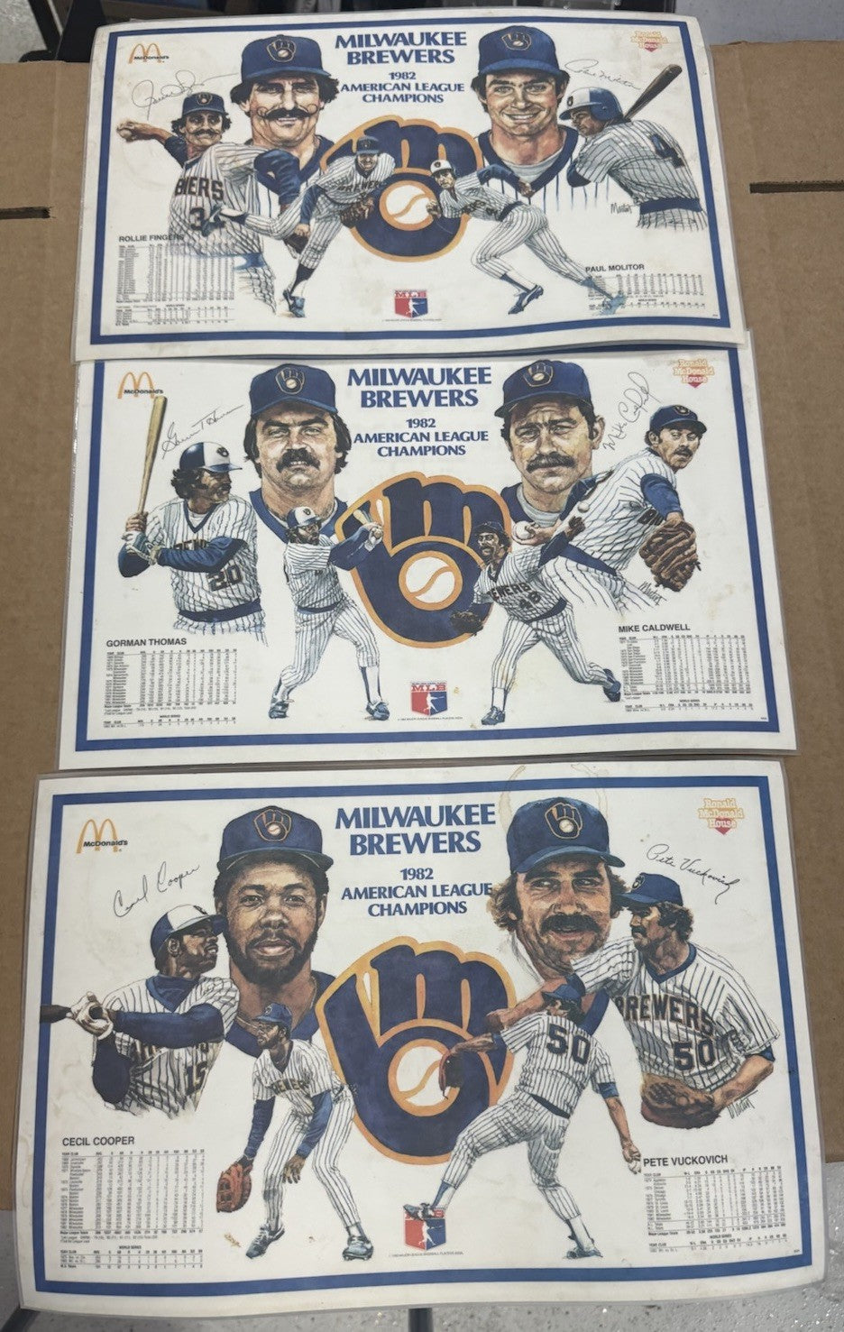 1982 MILWAUKEE BREWERS American League Place Mat Paul Molitor McDonalds 3 Mattes