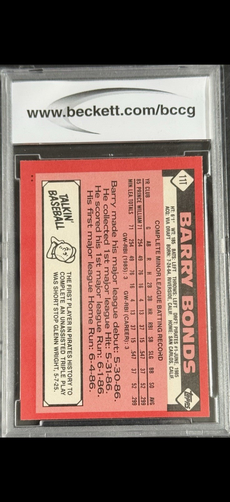 1987 Topps Barry Bonds #320 BCCG 10 Mint or Better Rookie RC Pittsburgh Pirates