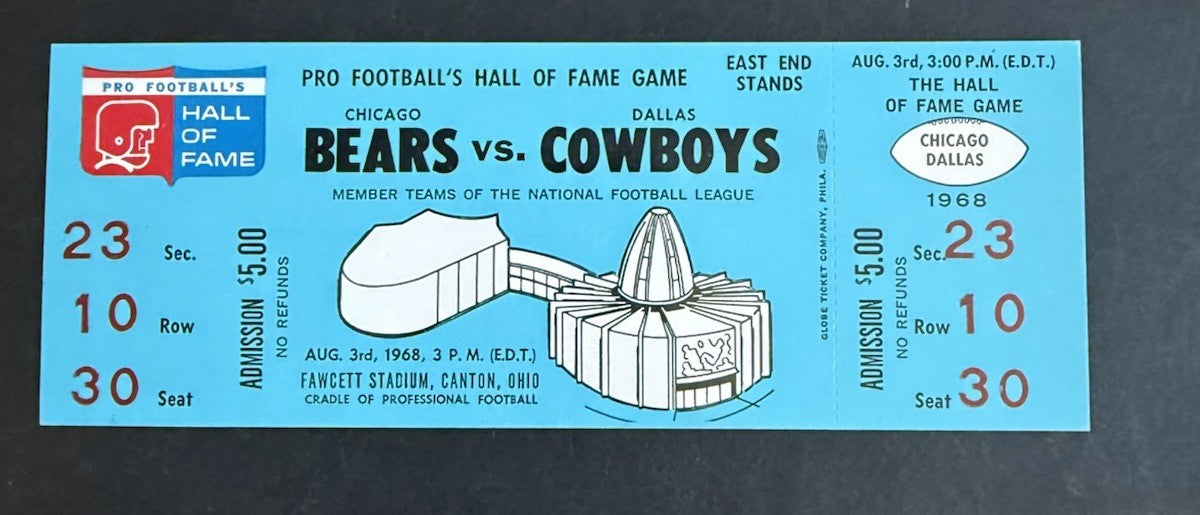 1968 HALL of FAME GAME ticket 8/3 CHICAGO BEARS Dallas Cowboys DD LEWIS debut Mt