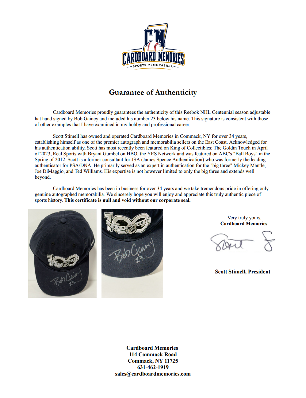 Bob Gainey HOF Signed Reebok NHL Centennial Season Hat 100 Canadiens Auto COA